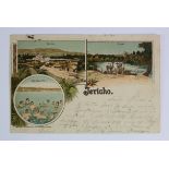 Holy Land Israel. Early Gruss aus litho Jericho postcard postally used 1899 showing scenes inc