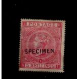 GB 1867 5s rose stamp, Plate 1 overprinted SPECIMEN (type 2), light soiling.