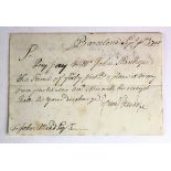 Banking interest, a very early cheque dated Barcelona Sept 1708. Relating to James Stanhope. (1st