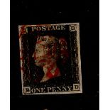 GB 1840 1d Penny Black (B-D) identified as likely Plate 4, 4 margins, no tears thins or creases, red