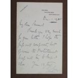Grey (Sir Edward, Viscount Grey of Falloden, 1862-1933). An original manuscript letter, signed by