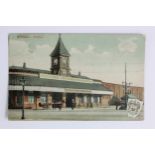 Railway station postcard. Rochdale Lancashire (exterior, horse and cart, children bicycles),