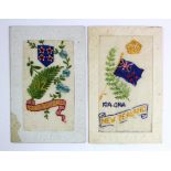 Silk postcards - New Zealand group flag Kia Ora, Tuck publisher and a French published (stain at
