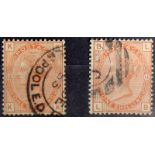 GB - QV 1881 1/- orange brown SG163, Plates 13 & 14, used. Total cat £340. (2)