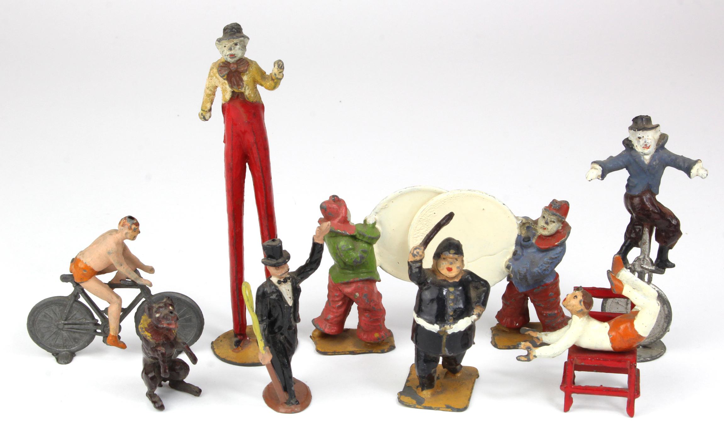 Charbens. A collection of nine lead circus performers, mostly by Charbens, circa early to mid 20th