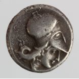 Ancient Greek silver stater of Corinth, obverse:- Pegasos with pointed wing, flying left,