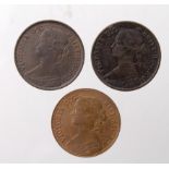 Farthings (3): 1860 beaded border GEF, 1861 5 berries EF, and 1863 VF scratches.