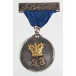 Scottish 93rd Highlanders bagpipes Silver Medal (hallmarked 1903) with Gold inlay to Pipe Major F.J.