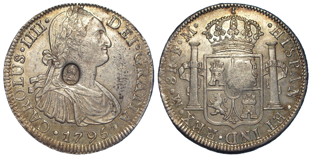 Dollar, George III oval countermark on a Mexico silver 8 Reales 1795 Mo FM, S.3765A, EF