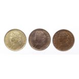 Farthings (3): 1880 EF, 1881 3 berries, hooked nose, Freeman 546 R2, gilt EF, and 1884 UNC