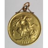 Two Pounds 1887, heavily polished Fair, mounted as pendant.