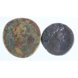 Roman Bronze (2): Antoninus Pius Britannia SC as, aF (small flan?); together with Commodus as