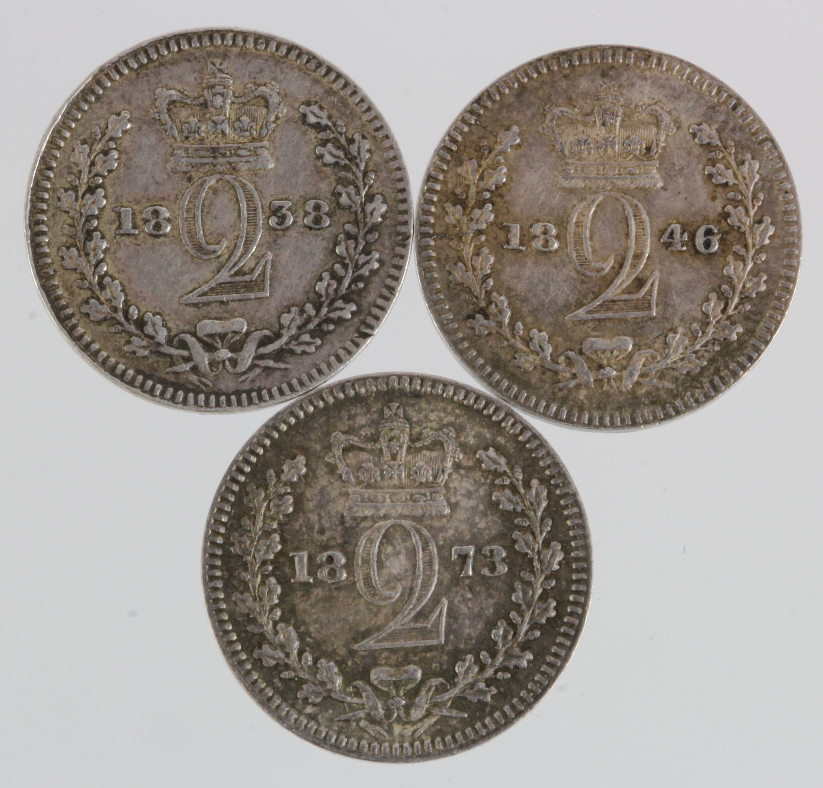 Maundy Twopences (3): 1838 VF currency(?), 1846 EF, and 1873 nFDC