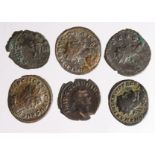 Roman Bronze Coins (6) late Roman ants, some with trace silvering.