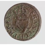 Charles I, ''Maltravers'' copper farthing Type 3, different mm. each side, Woolpack/Portcullis, with