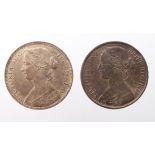 Pennies (2): 1860 beaded border, obv 2, rev D, cleaned EF, and 1861 obv 6, rev G, lightly cleaned