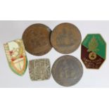 Tokens & Badges (6): 2x Liverpool Halfpenny tokens 1791 'Thomas Clarke' edge VF and aEF green spots;