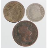 USA (3): Dime 1912 choice toned UNC, Half Dime 1835 Fine, and colonial "Woods" Farthing 1723 Fine.