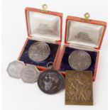 World Commemorative & Prize Medals & Plaques (5) 19th-20thC including possible unmarked silver,