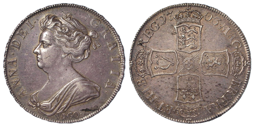 Halfcrown 1703 Tertio, VIGO below bust, S.3580, toned aEF, a surface flaw below bust and some carbon