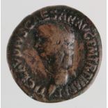 Claudius 41-54 AD, bronze as, featuring Minerva 50-54 AD, GF, scuff on portrait.