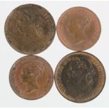 Victorian Copper & Bronze (4): Half Farthing 1844 nEF die flaw, ditto EF; Farthing 1881H EF trace