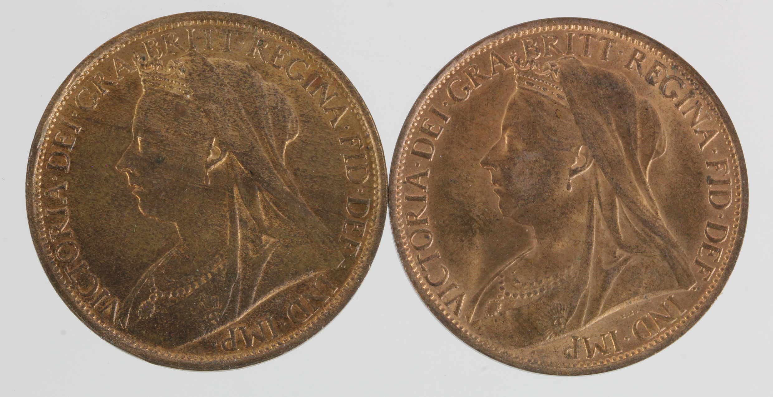 Pennies (2) Queen Victoria veiled hd: 1896 and 1899, GEF-AU with lustre