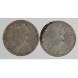 India (2) Silver Rupees 1879 nEF, one with patchy tone.