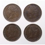 Farthings (4): 1864 no serif EF, 1864 with serif GVF, 1865/2 VF scratches, and 1868 GVF