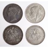 GB Crowns (4): 1819 LIX VF, 1845 cinquefoils aVF edge knocks, 1900 LXIV VF edge knock, and 1935 AU