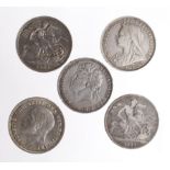 GB Crowns (5): 1821 Secundo Fine, 1822 Tertio GF, 1896 LX VF, 1902 aVF edge knock, and 1935