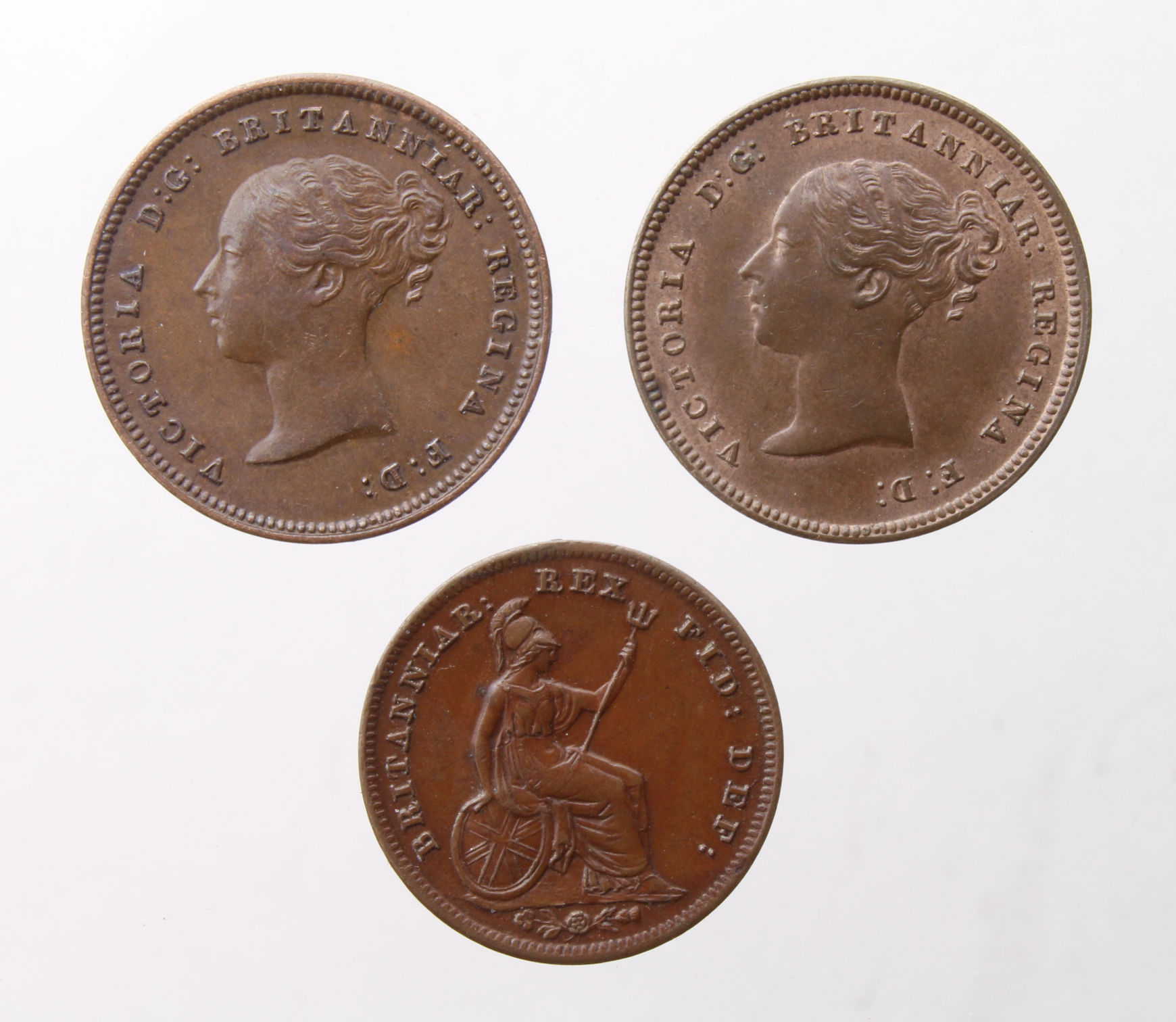 Fractional Farthings (3): Third Farthing 1835 VF die flaw obv, Half Farthing 1843 EF trace lustre,