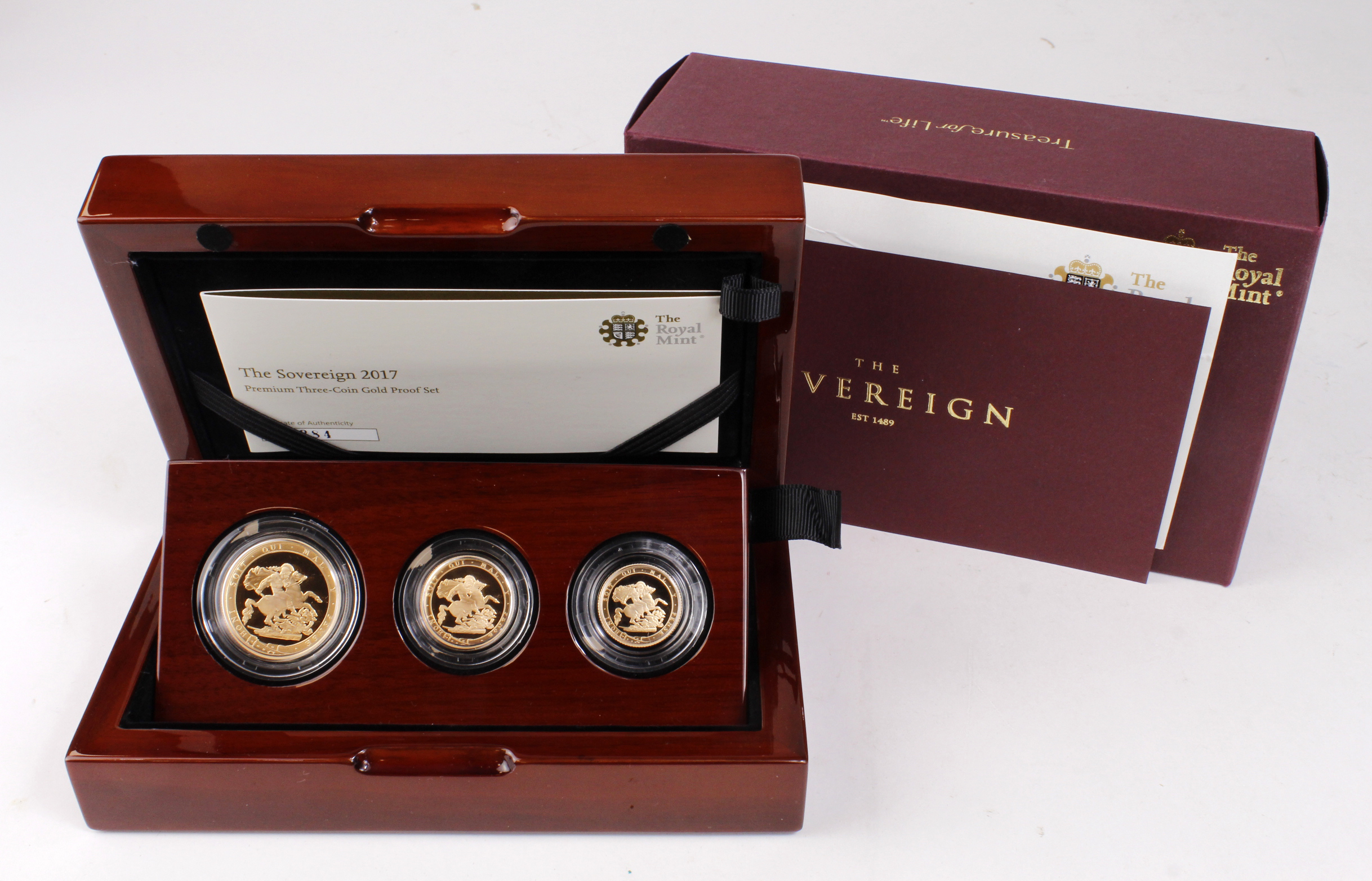 Three Coin Premium set 2017 (£2, Sovereign & Half Sovereign) FDC in the plush box of issue with - Image 2 of 2