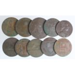 Tokens, 18thC (10) mostly copper Halfpennies (Masonic Penny noted Fine, edge knocks), F to VF, one