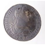 Spanish Mexico silver 8 Reales 1776 Mo FM, dark toned aVF, slight porosity, likely a shipwreck