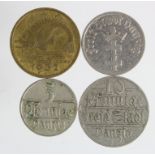 Danzig (4): 5 Pfennig 1928 VF, 10 Pfennig 1923 GF, 10 Pfennig 1932 VF, and 1/2 Gulden 1932 VF