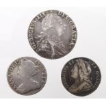 Early Milled (3): Shilling 1787 with hearts VF, Sixpence 1711 Fine, and Sixpence 1741 roses GF