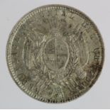 Uruguay silver 20 Centisimos 1893 EF, some scratches.