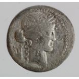 Roman Republican silver denarius of P. Clodius M f. c.42 BC. Obverse: Laureate head of Apollo r.
