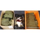 Box of military equipment including uniform, webbing, helmets, shell cases etc. Large amount. (Buyer