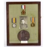 1915 Star Trio and Death Plaque with photo mounted in large frame - medals to 3/9541 Pte F Nixon