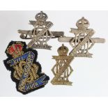 Badges various for the 13th Royal Hussars, 3x metal, 1x cloth. (4)