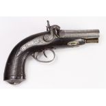 19th Century Percussion Double barrel French overcoat pistol with engraved side plates & hammers and