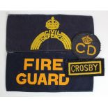 WW2 cloth items relating to Crosby Civil Defence, Fire Guard etc. includes a Civil Defence and