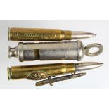 Trench Art 2x bullets, one with paperknife enclosed, a small Bayonet with "Belgium" & WW1 whistle.
