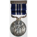 RSPCA For Animal Life Saving silver medal, with 'For Humanity' ribbon clasp, hallmarked for 1986.