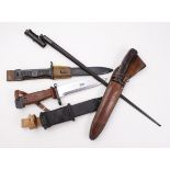 Bayonets, three with scabbards and one without, inc VZ58, M56, Mosin and AK47. (4)