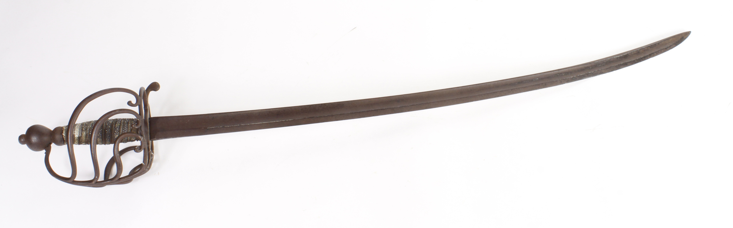 Sword 18th century officers side arm with basket type hilt, fish skin grip 30" long curved blade.