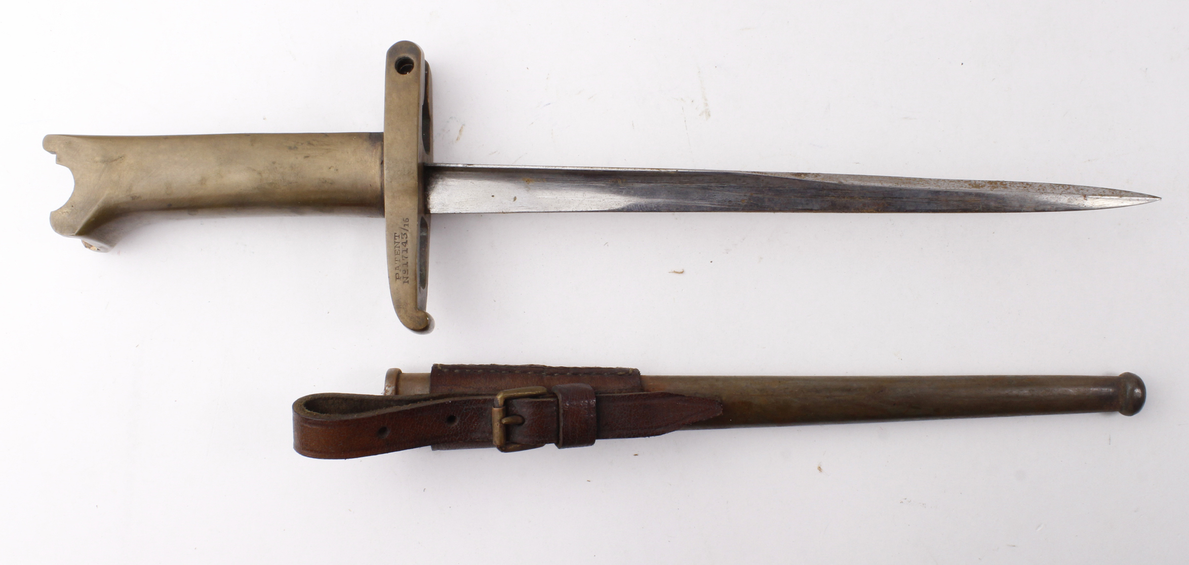 Webley MK6 Bayonet with metal scabbard and leather frog, cross guard maker marked 'Patent No17143/