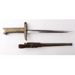 Webley MK6 Bayonet with metal scabbard and leather frog, cross guard maker marked 'Patent No17143/